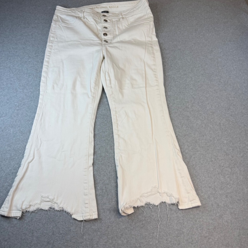American Eagle White High Rise Flare Jeans Button Fly Raw Hem Size 16 Regular